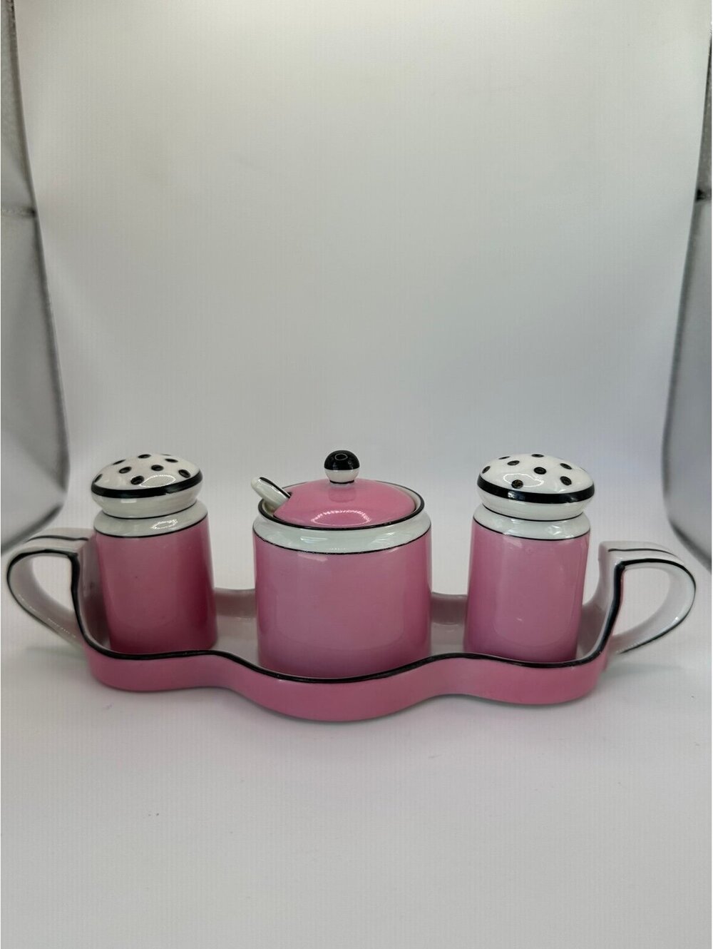 Vintage Noritake Art Deco Hand-Painted Pink Black Condiment Set Salt/Pep Mustard